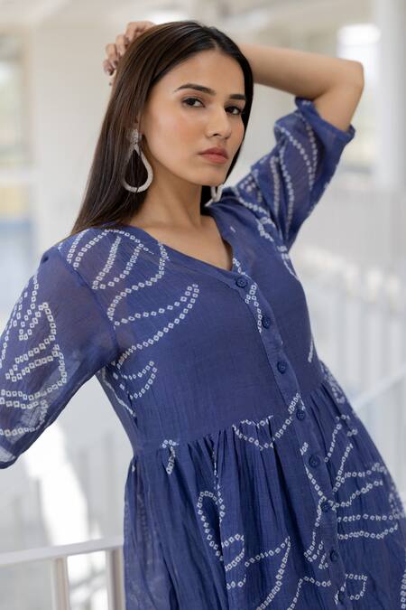 Shop Silai Studio Blue Chanderi Round Neck Wildflower Bandhej Dress Online at Aza Fashions Shop_Silai Studio_Blue Chanderi Round Neck Wildflower Bandhej Dress _Online_at_Aza_Fashions