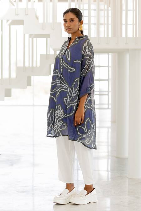 Silai Studio Blue Chanderi Embroidery Collared Wildflower Bandhej Tunic Online at Aza Fashions Silai Studio_Blue Chanderi Embroidery Collared Wildflower Bandhej Tunic _Online_at_Aza_Fashions
