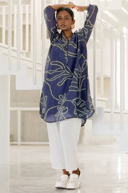 Buy Silai Studio Blue Chanderi Embroidery Collared Wildflower Bandhej Tunic Online at Aza Fashions Buy_Silai Studio_Blue Chanderi Embroidery Collared Wildflower Bandhej Tunic _Online_at_Aza_Fashions