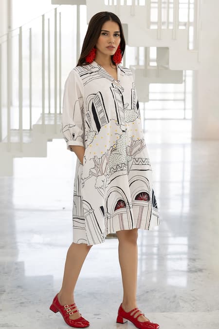 Silai Studio_Black Poplin Embroidery Collared Dress _Online_at_Aza_Fashions