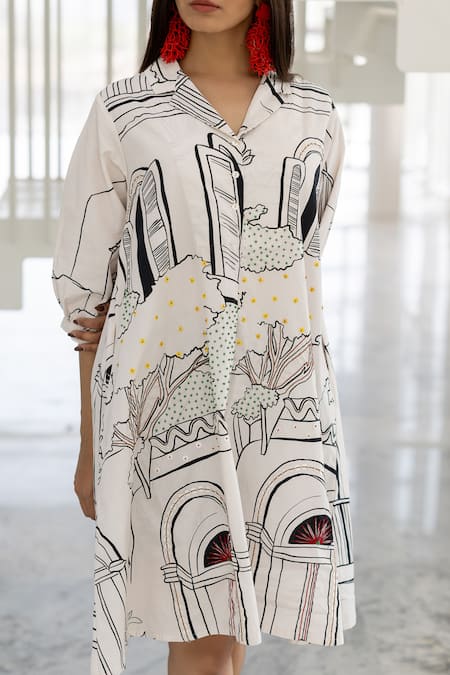 Silai Studio_Black Poplin Embroidery Collared Dress _at_Aza_Fashions