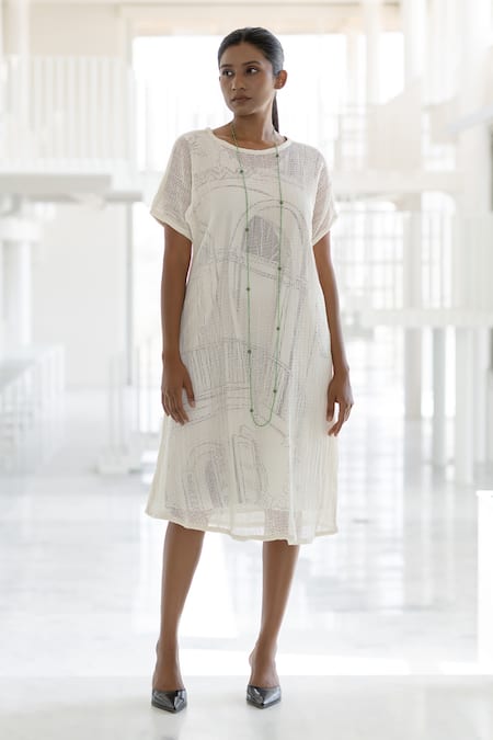 Silai Studio White Mesh Round Neck Vanilla Dress