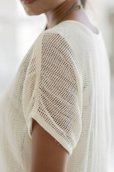 Shop_Silai Studio_White Mesh Round Neck Vanilla Dress _Online_at_Aza_Fashions