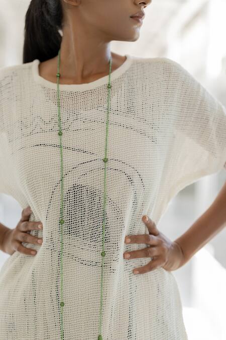 Silai Studio_White Mesh Round Neck Vanilla Dress _at_Aza_Fashions