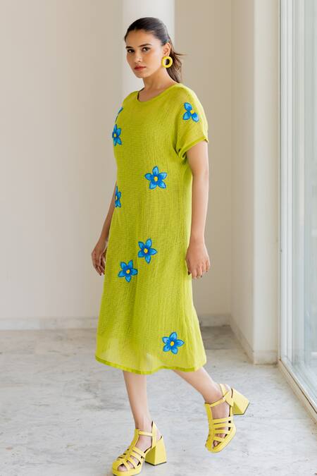 Silai Studio_Green Mesh Embroidery Round Neck Avocado Dress _Online_at_Aza_Fashions