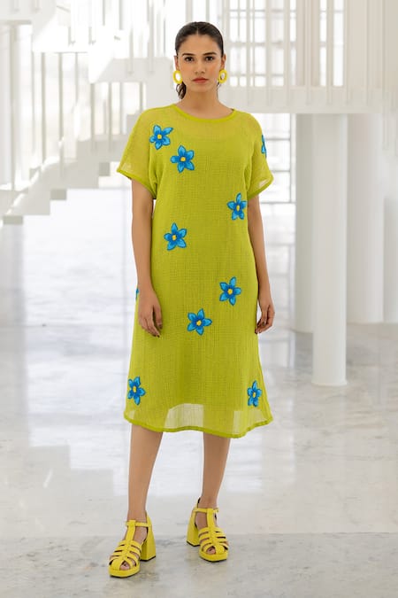 Silai Studio Green Mesh Embroidery Round Neck Avocado Dress