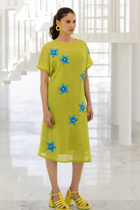 Buy_Silai Studio_Green Mesh Embroidery Round Neck Avocado Dress _Online_at_Aza_Fashions
