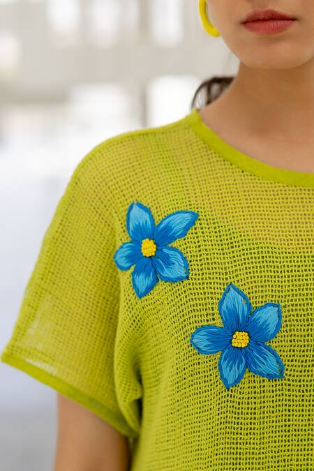 Shop_Silai Studio_Green Mesh Embroidery Round Neck Avocado Dress _Online_at_Aza_Fashions