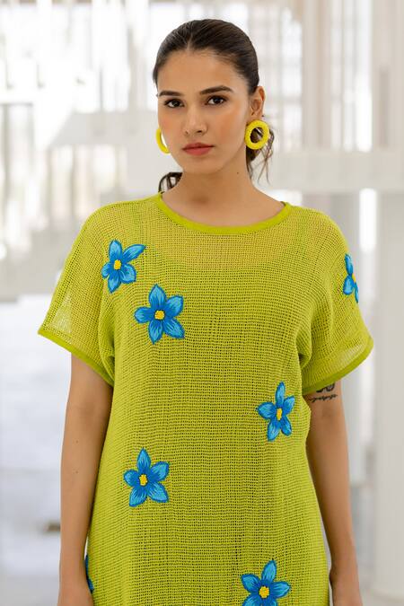 Silai Studio_Green Mesh Embroidery Round Neck Avocado Dress _at_Aza_Fashions