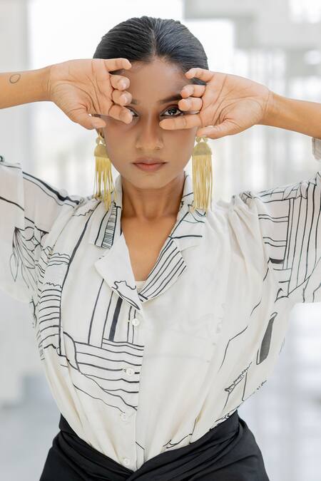 Silai Studio White Silk, Voile Collared, Button-down Neck Arched Doorways Skirt Set at Aza Fashions Silai Studio_White Silk, Voile Collared, Button-down Neck Arched Doorways Skirt Set _at_Aza_Fashions