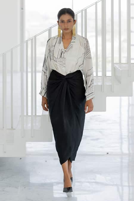 Silai Studio_White Silk, Voile Collared Arched Doorways Shirt And Slip Set _Online_at_Aza_Fashions