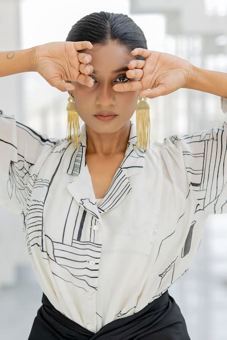 Shop_Silai Studio_White Silk, Voile Collared Arched Doorways Shirt And Slip Set _Online_at_Aza_Fashions