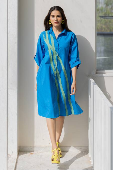 Silai Studio_Blue Poplin Collared Seafoam Dress _Online_at_Aza_Fashions