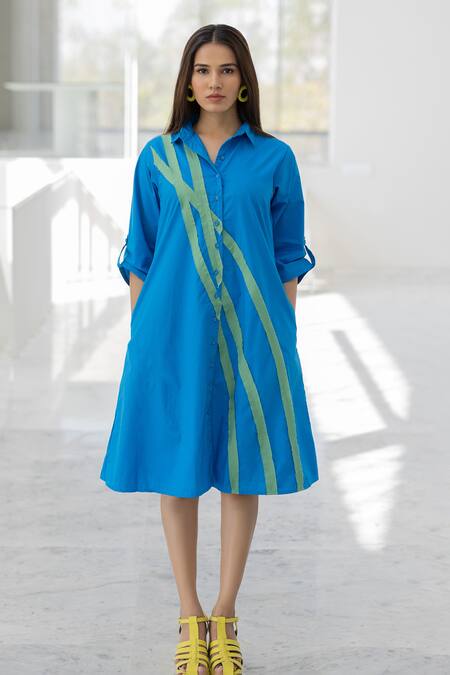 Buy_Silai Studio_Blue Poplin Collared Seafoam Dress _Online_at_Aza_Fashions