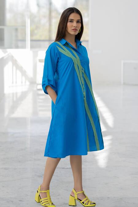 Shop_Silai Studio_Blue Poplin Collared Seafoam Dress _Online_at_Aza_Fashions