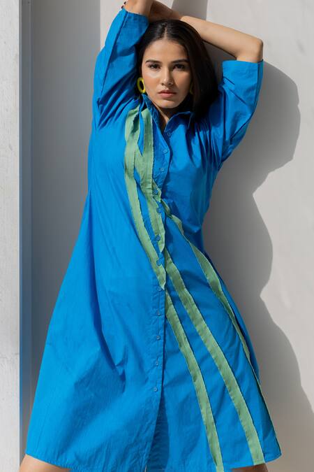 Silai Studio_Blue Poplin Collared Seafoam Dress _at_Aza_Fashions