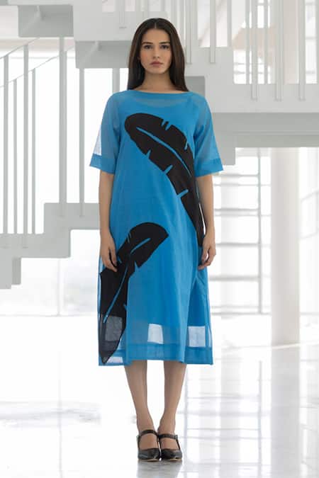 Silai Studio Blue Chanderi Applique Round Neck Azure Black Dress 