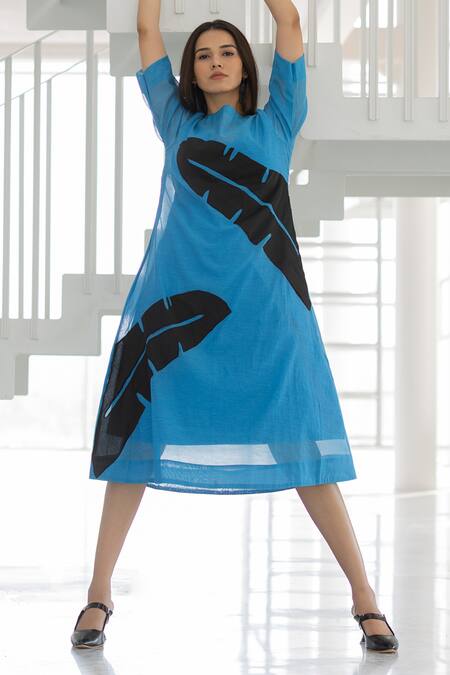 Silai Studio_Blue Chanderi Applique Round Neck Azure Black Dress _Online_at_Aza_Fashions
