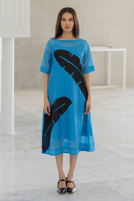 Buy_Silai Studio_Blue Chanderi Applique Round Neck Azure Black Dress _Online_at_Aza_Fashions