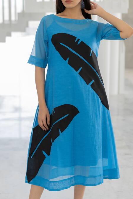 Shop_Silai Studio_Blue Chanderi Applique Round Neck Azure Black Dress _Online_at_Aza_Fashions