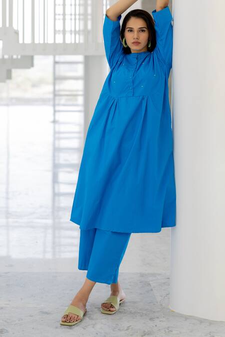 Buy_Silai Studio_Blue Poplin Mandarin Collar Azure Horizon Tunic Co-ord Set _Online_at_Aza_Fashions