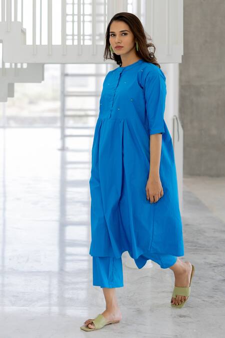 Shop_Silai Studio_Blue Poplin Mandarin Collar Azure Horizon Tunic Co-ord Set _Online_at_Aza_Fashions