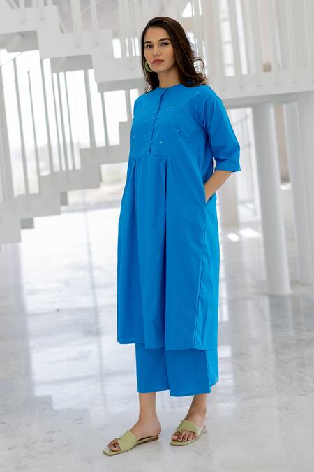 Silai Studio_Blue Poplin Mandarin Collar Azure Horizon Tunic Co-ord Set _at_Aza_Fashions