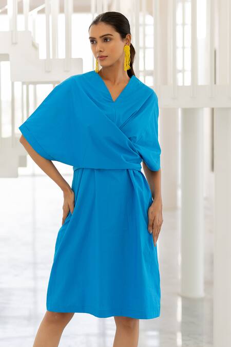Silai Studio_Blue Poplin V-neck Azure Wrap Dress _Online_at_Aza_Fashions