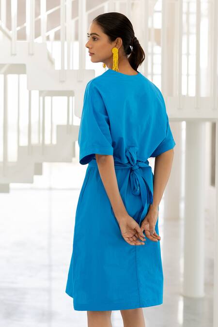 Shop_Silai Studio_Blue Poplin V-neck Azure Wrap Dress _Online_at_Aza_Fashions
