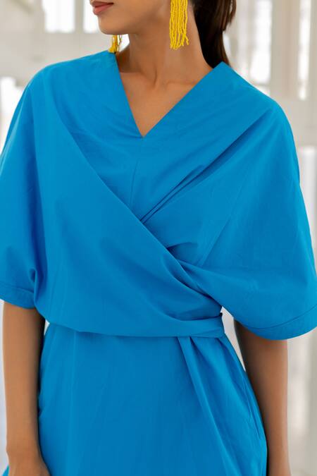 Silai Studio_Blue Poplin V-neck Azure Wrap Dress _at_Aza_Fashions