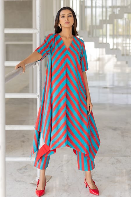 Silai Studio Red Cotton, Linen V-neck Poppy And Blue Stripe Kurta Set