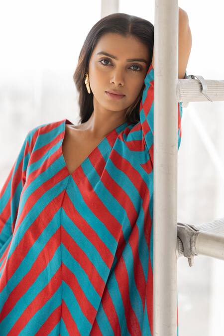 Silai Studio_Red Cotton, Linen V-neck Poppy And Blue Stripe Kurta _at_Aza_Fashions