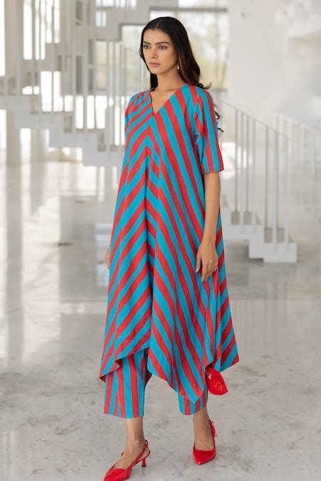 Silai Studio Red Cotton, Linen V-neck Poppy And Blue Stripe Kurta