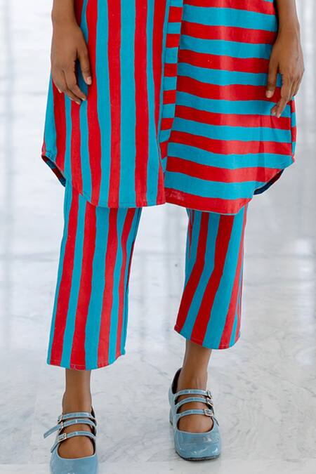 Silai Studio_Red Cotton, Linen Round Neck Poppy And Blue Stripe Co-ord Set _Online_at_Aza_Fashions