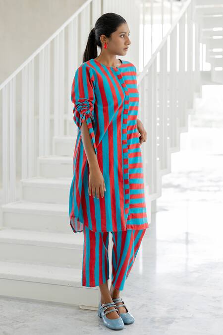 Shop_Silai Studio_Red Cotton, Linen Round Neck Poppy And Blue Stripe Co-ord Set _Online_at_Aza_Fashions