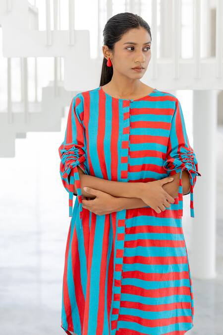 Buy_Silai Studio_Red Cotton, Linen Round Neck Poppy And Blue Stripe Co-ord Set 