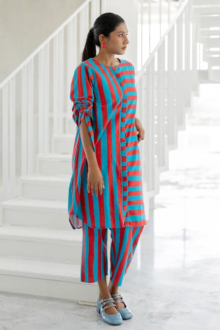 Silai Studio Red Cotton, Linen Round Neck Poppy And Blue Stripe Tunic Set 
