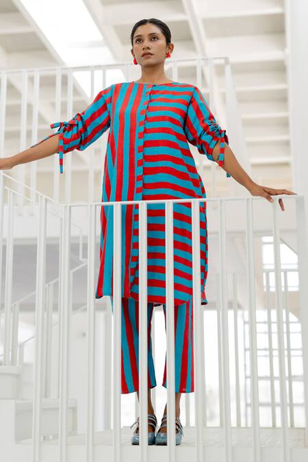 Buy_Silai Studio_Red Cotton, Linen Round Neck Poppy And Blue Stripe Tunic Set _Online_at_Aza_Fashions