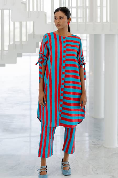 Shop_Silai Studio_Red Cotton, Linen Round Neck Poppy And Blue Stripe Tunic Set _Online_at_Aza_Fashions