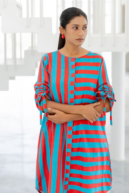 Silai Studio_Red Cotton, Linen Round Neck Poppy And Blue Stripe Tunic Set _at_Aza_Fashions
