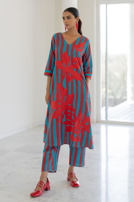 Shop_Silai Studio_Red Cotton, Linen Applique V-neck Sky Fire Striped Kurta Set _Online_at_Aza_Fashions