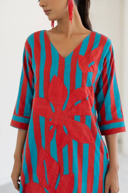 Buy_Silai Studio_Red Cotton, Linen Applique V-neck Sky Fire Striped Kurta Set 