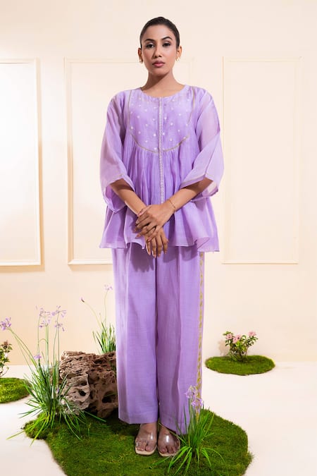 The White Tree Studio Purple Chanderi Embroidery, Applique Round Lilac Front Gathers Pant Co-ord Set 