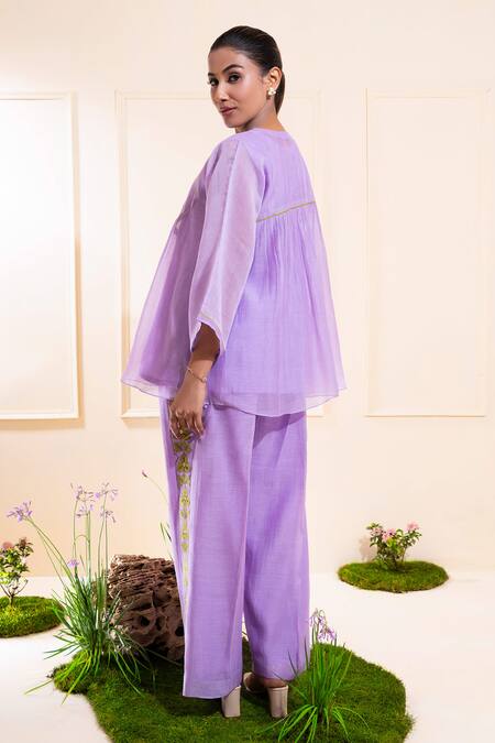 The White Tree Studio_Purple Chanderi Embroidery, Applique Round Lilac Front Gathers Pant Co-ord Set _Online_at_Aza_Fashions