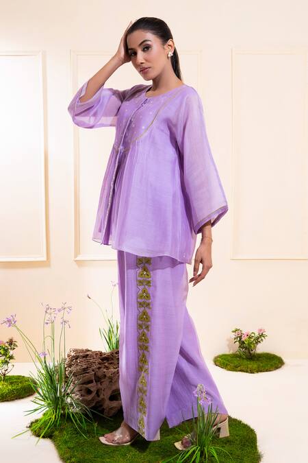 Buy_The White Tree Studio_Purple Chanderi Embroidery, Applique Round Lilac Front Gathers Pant Co-ord Set _Online_at_Aza_Fashions
