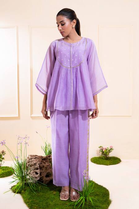 Shop_The White Tree Studio_Purple Chanderi Embroidery, Applique Round Lilac Front Gathers Pant Co-ord Set _Online_at_Aza_Fashions