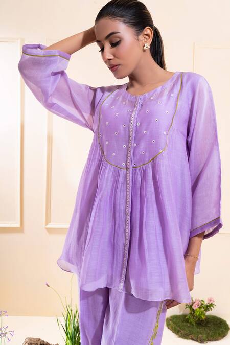 The White Tree Studio_Purple Chanderi Embroidery, Applique Round Lilac Front Gathers Pant Co-ord Set _at_Aza_Fashions