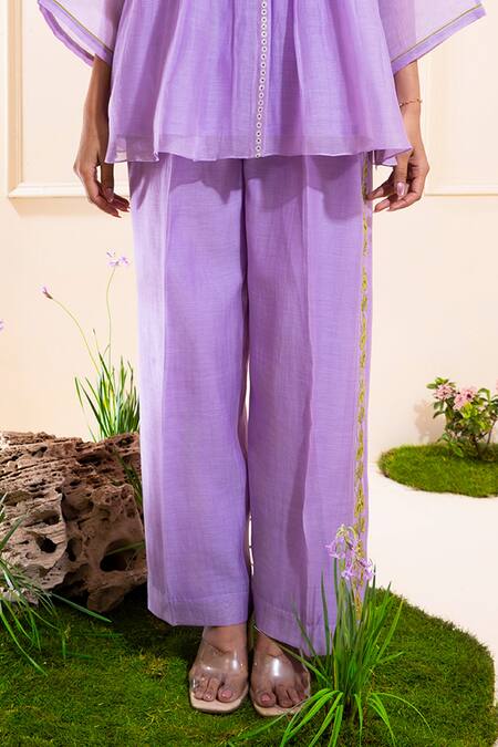 Buy_The White Tree Studio_Purple Chanderi Embroidery, Applique Round Lilac Front Gathers Pant Co-ord Set 