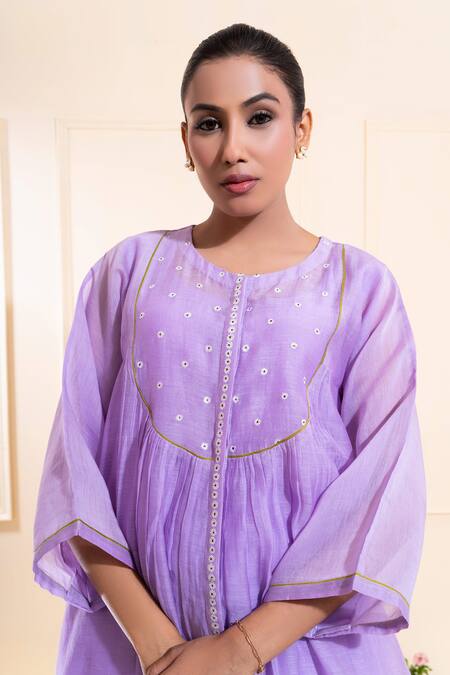 Shop_The White Tree Studio_Purple Chanderi Embroidery, Applique Round Lilac Front Gathers Pant Co-ord Set 