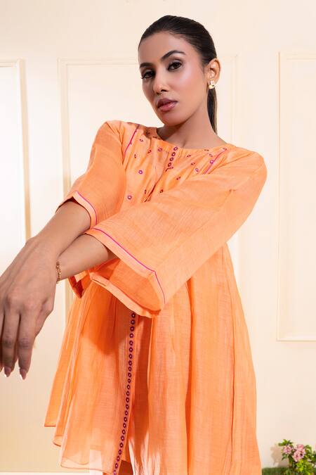 Buy_The White Tree Studio_Peach Chanderi Embroidery, Applique Round Neck Front Gathers Set _Online_at_Aza_Fashions